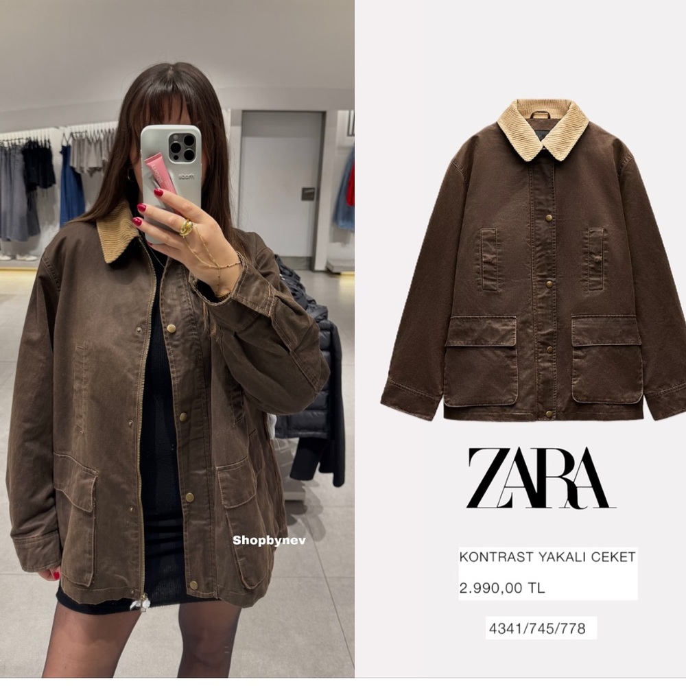 ZARA Oversized Contrast Collar Corduroy Barn Jacket Utility Coat.